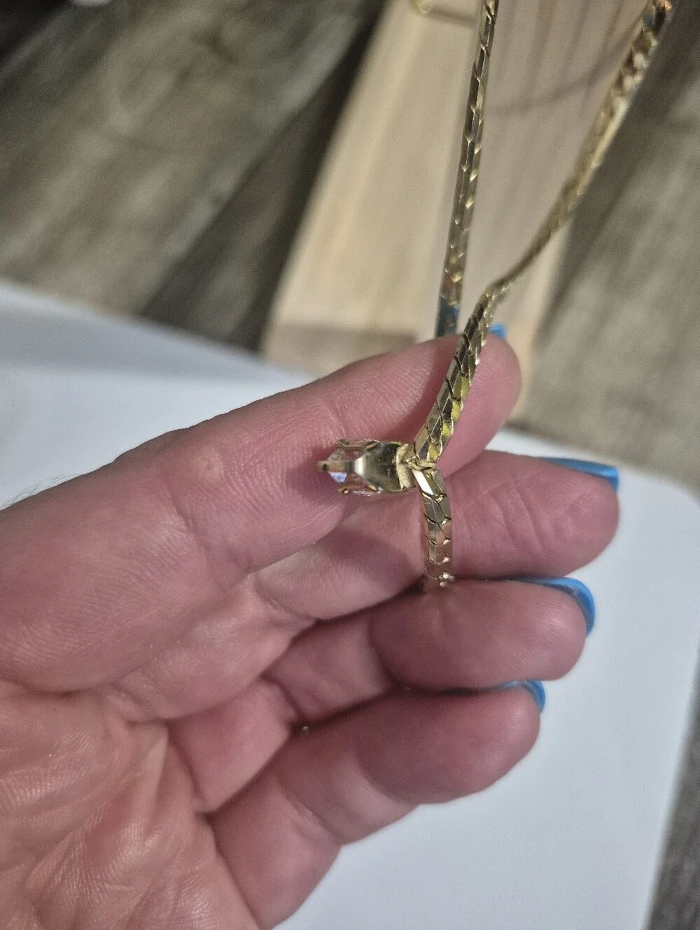 Vintage Herringbone Chain & White Marquise Cut Gem Necklace Gold
